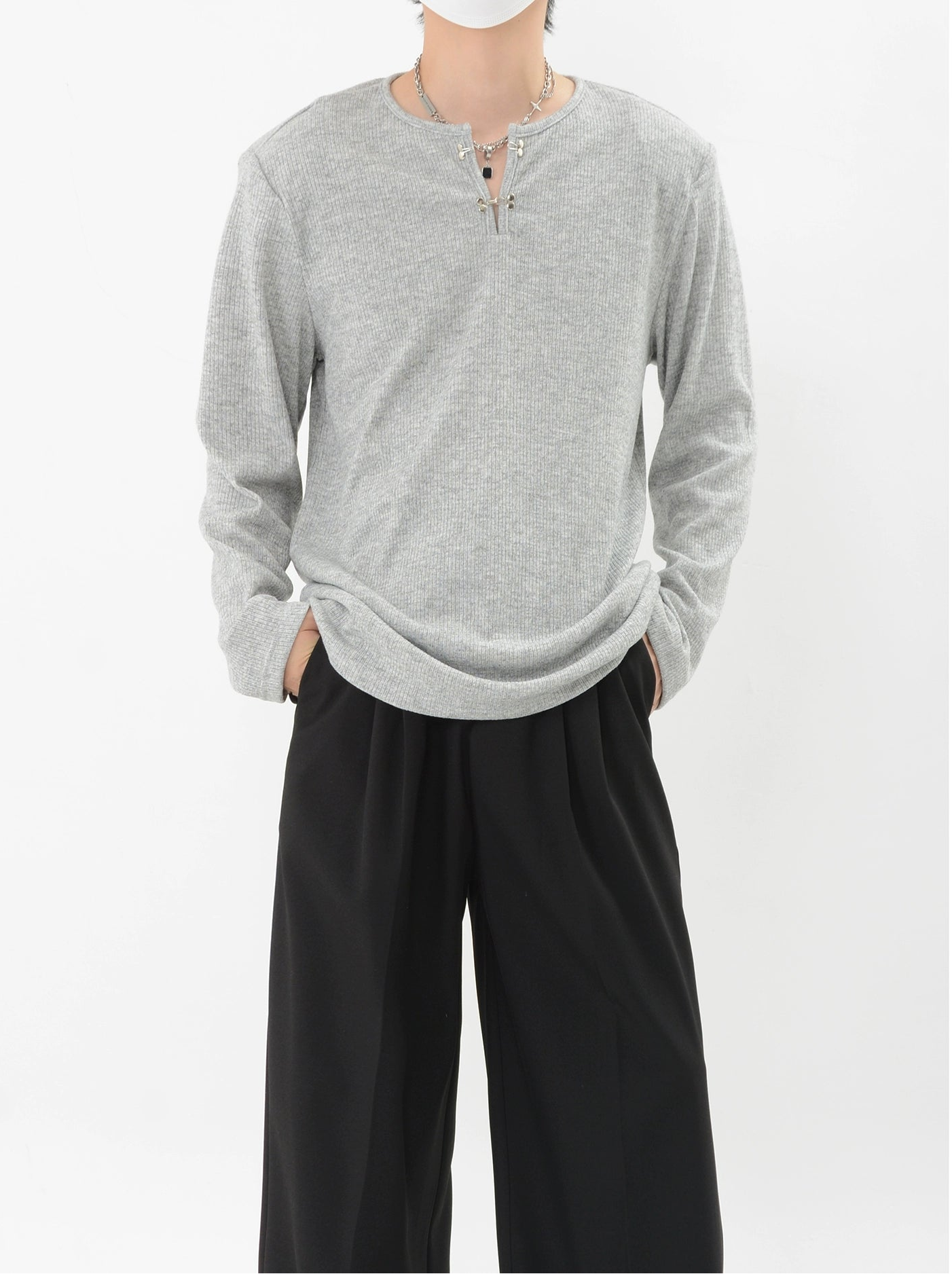 Ribbed Metal-Clasp Hook Henley Long Sleeve Tee - nightcity clothing