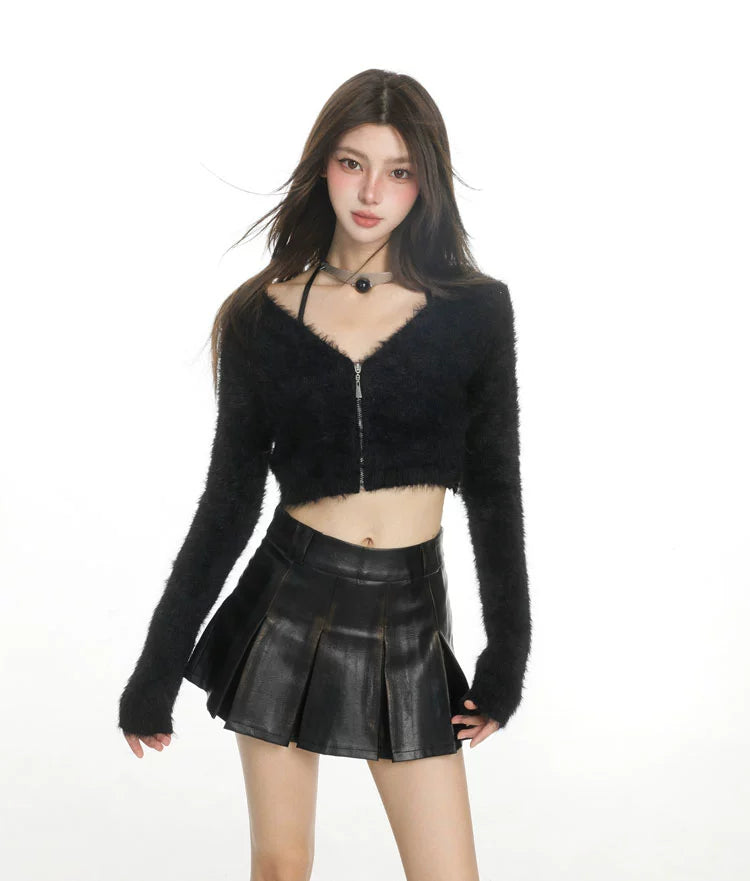 Cropped V-Neck Zip Fuzzy Cardigan