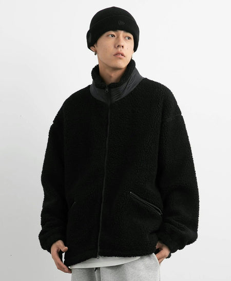 Shearling Zip-Up Lightweight Jacket with Contrast Patchwork