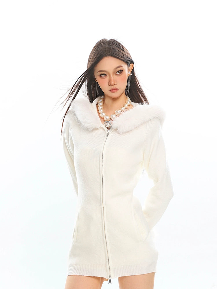 Faux Fur Trim Hooded Zip-Up Knit Jacket Faux Fur Trim Hooded Zip-Up Knit Jacket