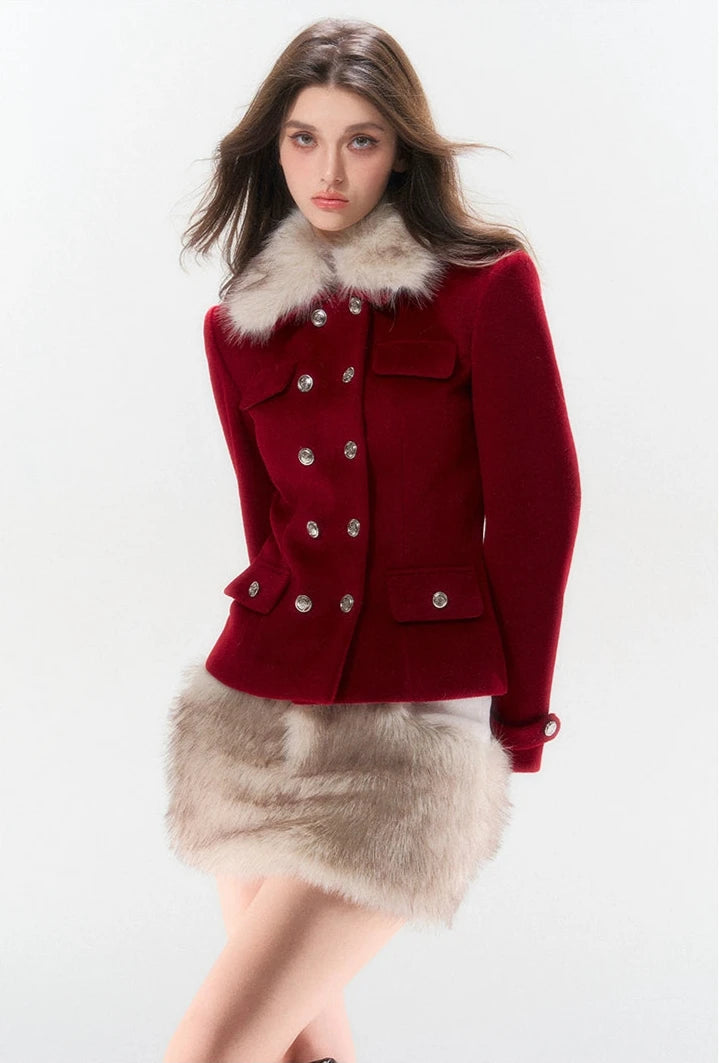 Napoleon Faux Fur Collar Jacket and Mini Skirt Two Piece Set