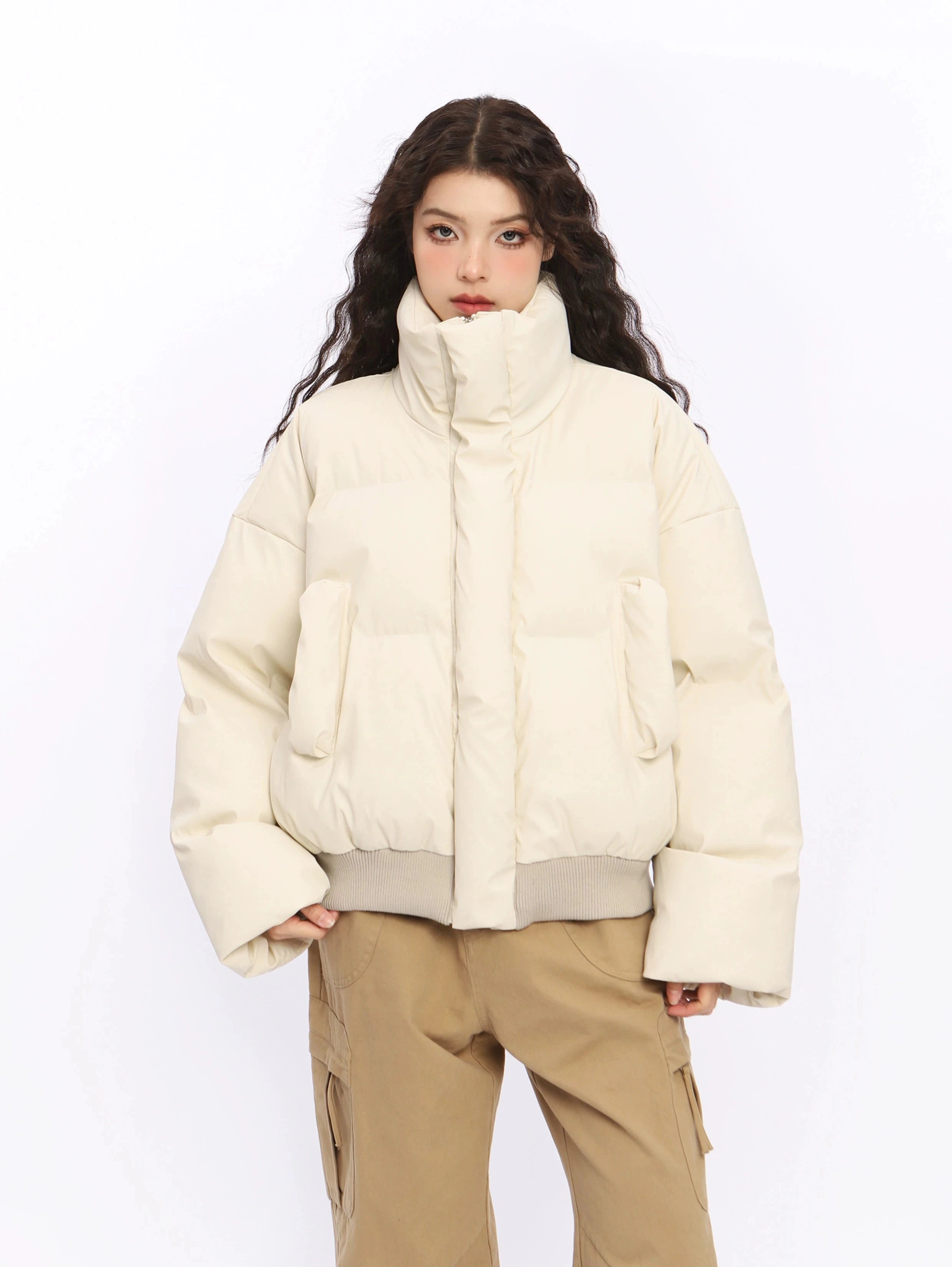 Puffer Jacket with Stand Collar and Elastic Hem