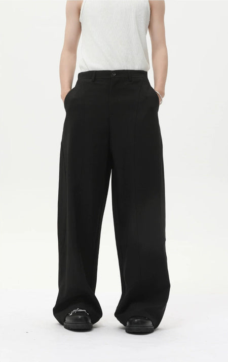 Wide Leg Pleated Tailored Trousers with Stitching Details