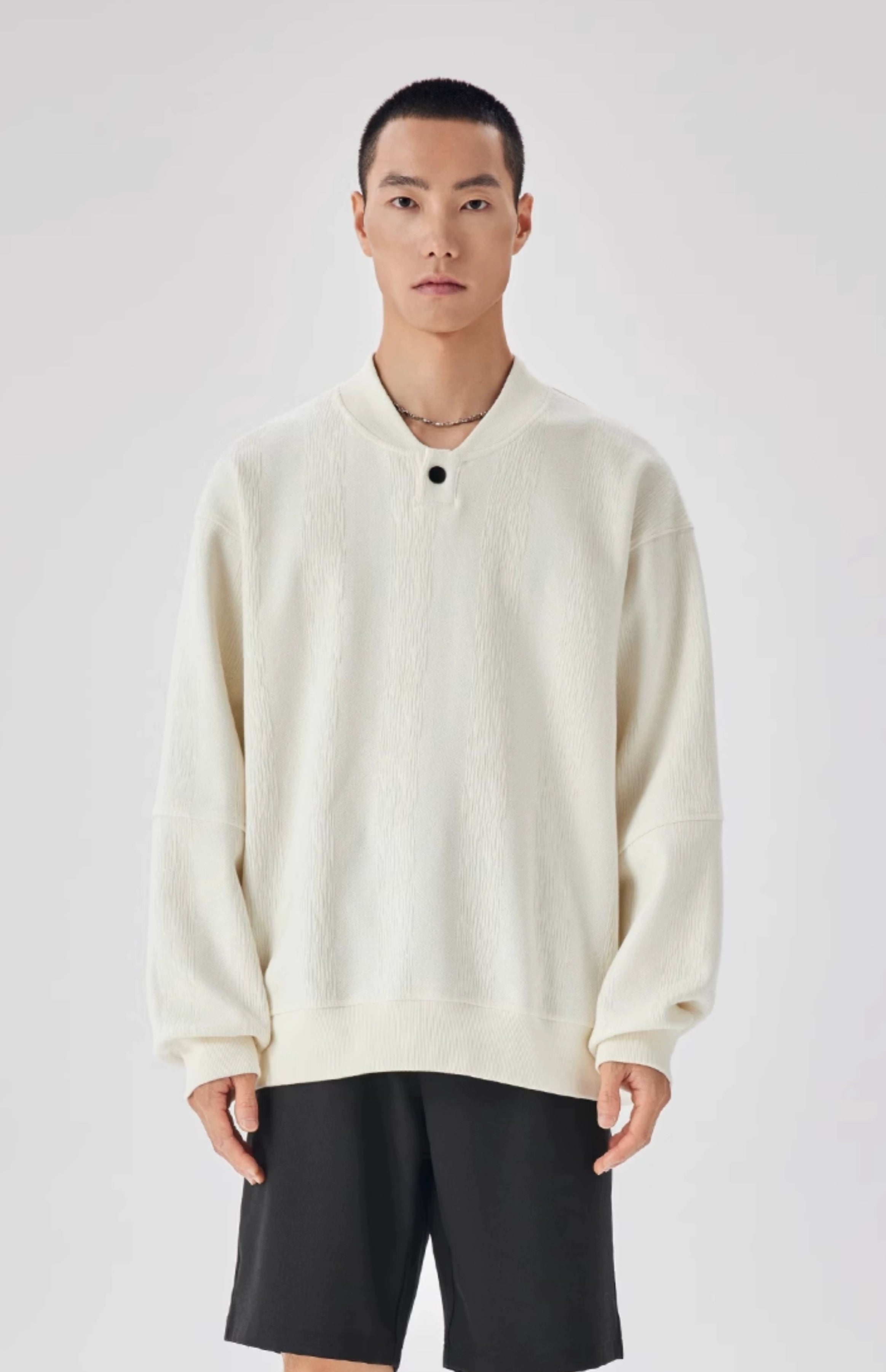 Textured Stripe Ribbed Trim Sweater with Button Details