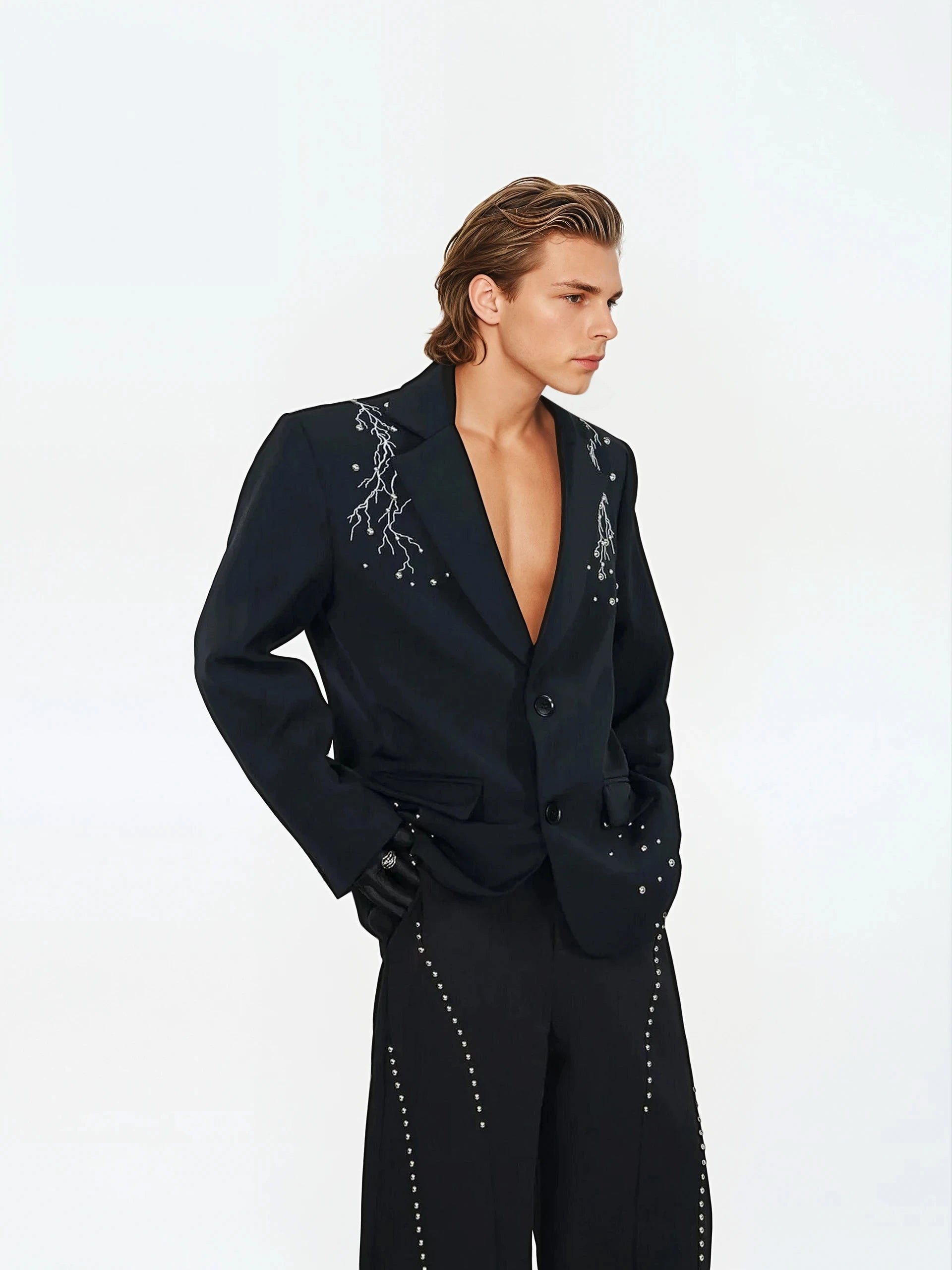 Embellished Single Breasted Blazer and Wide Leg Studded Trousers Two Piece Set