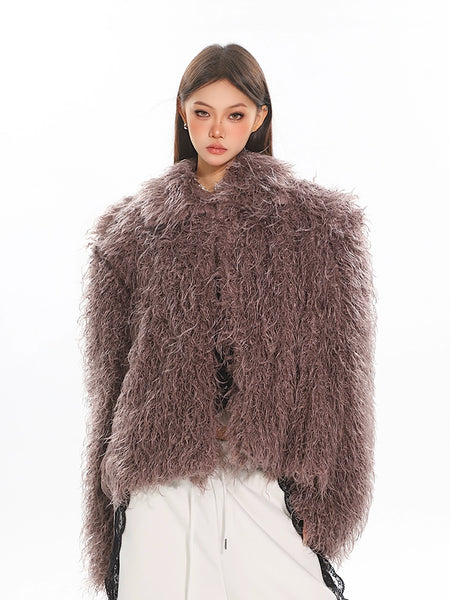 Textured Shaggy Faux Fur Collarless Coat - nightcity clothing