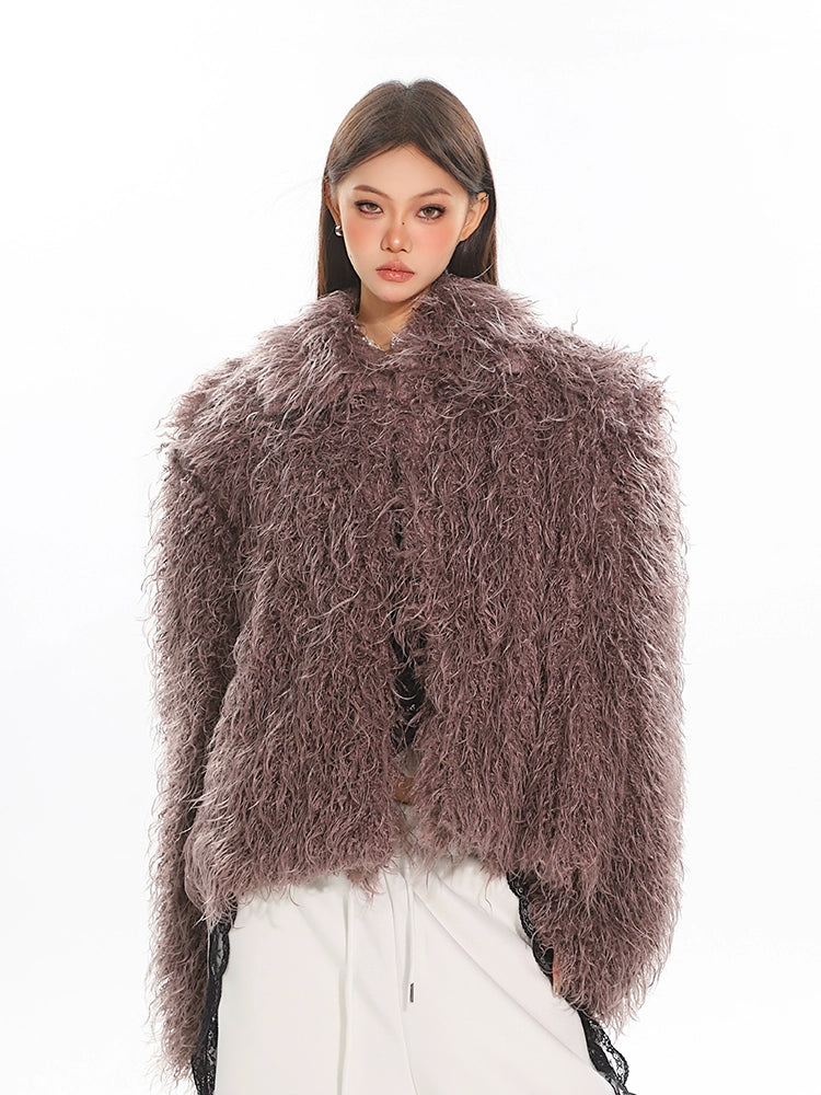 Textured Shaggy Faux Fur Collarless Coat