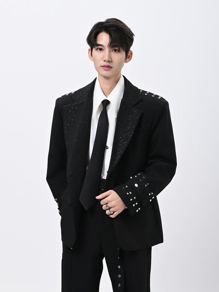 Oversized Embellished Studded Blazer with Glitter Lapel Detail