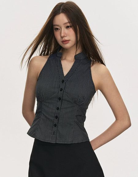 Pinstripe Sleeveless Collared Button-Up Top - nightcity clothing