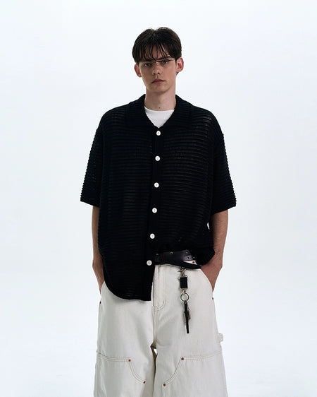 Textured Open Knit Button-Up Short Sleeve Shirt - nightcity clothing