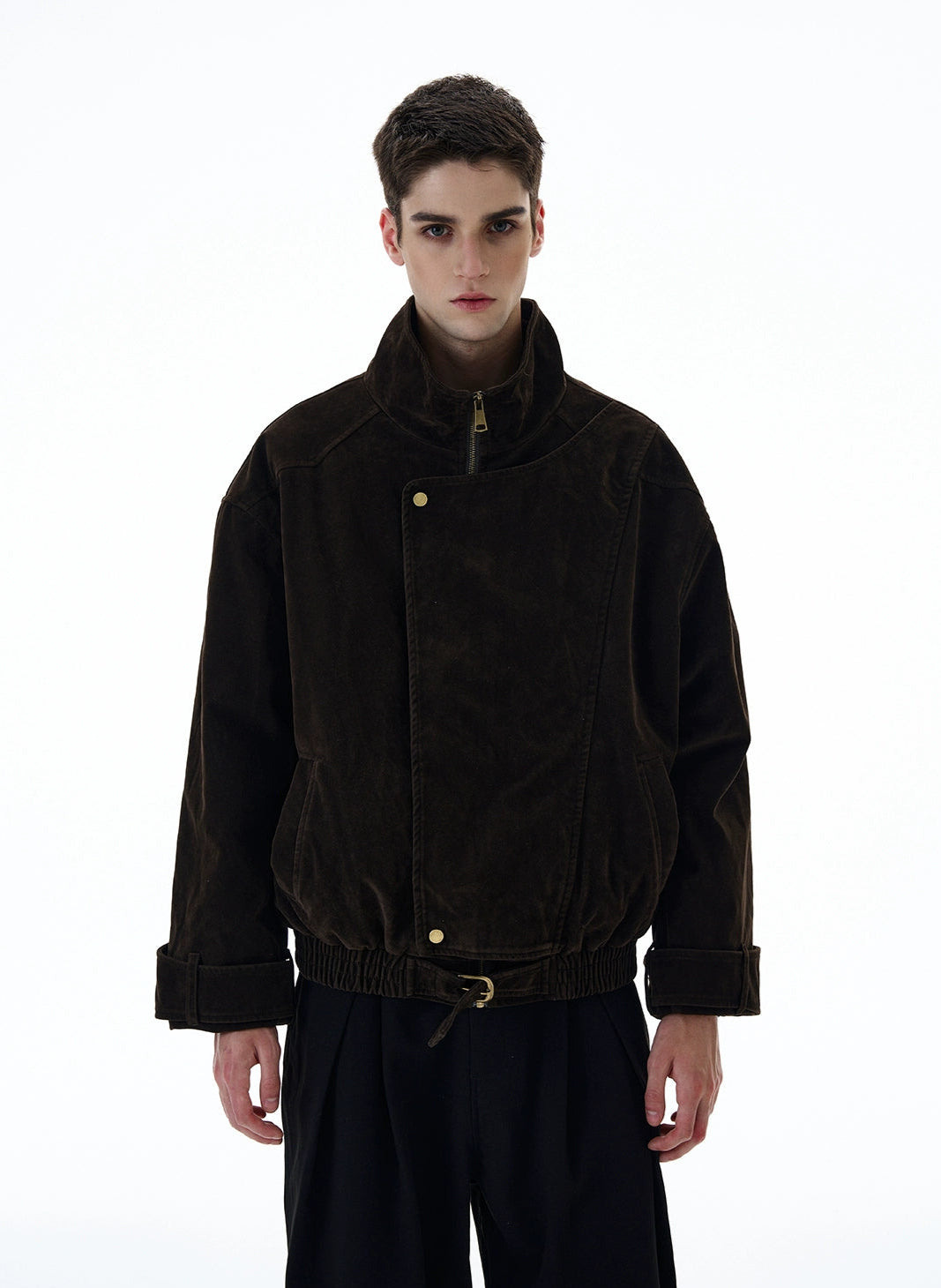 Suede Overlap Button High-Collar Jacket