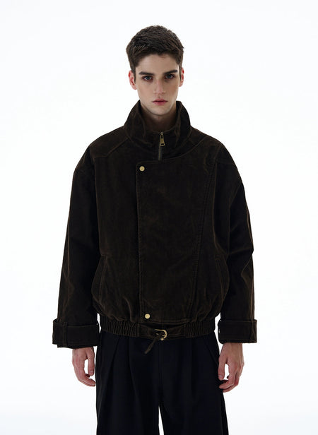 Suede Overlap Button High-Collar Jacket
