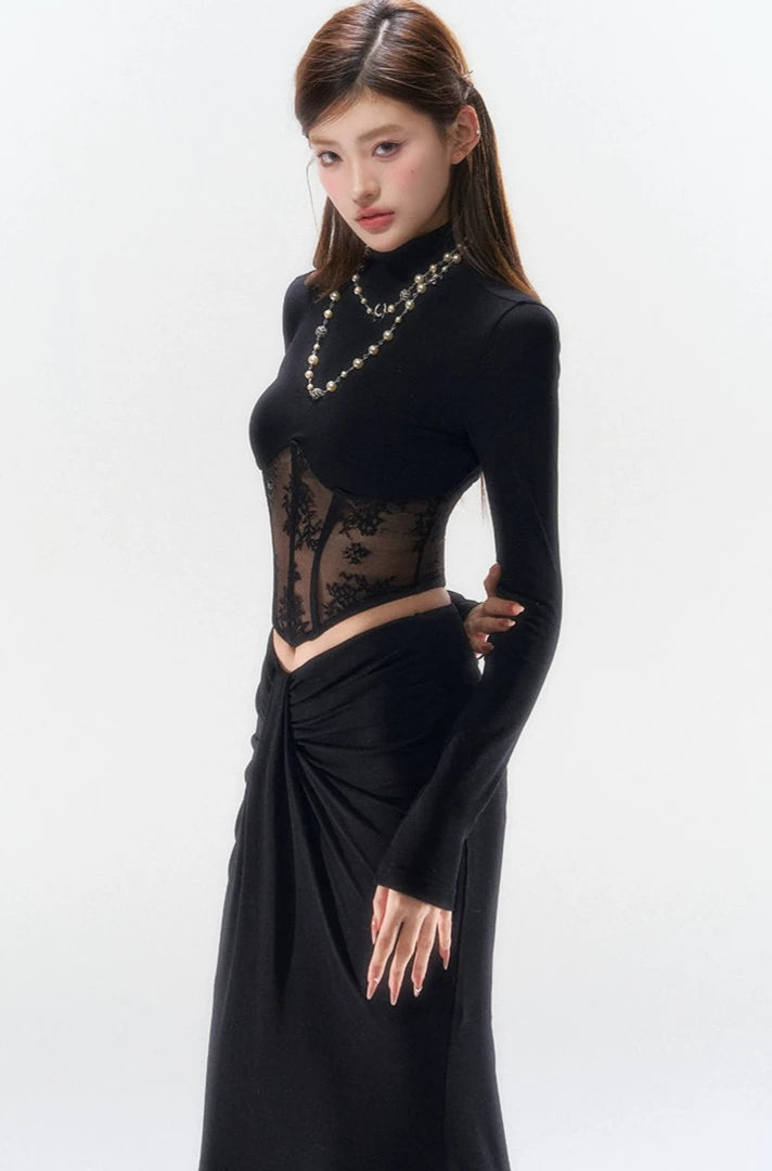 Lace Mesh Mock Neck Corset Long Sleeve Top