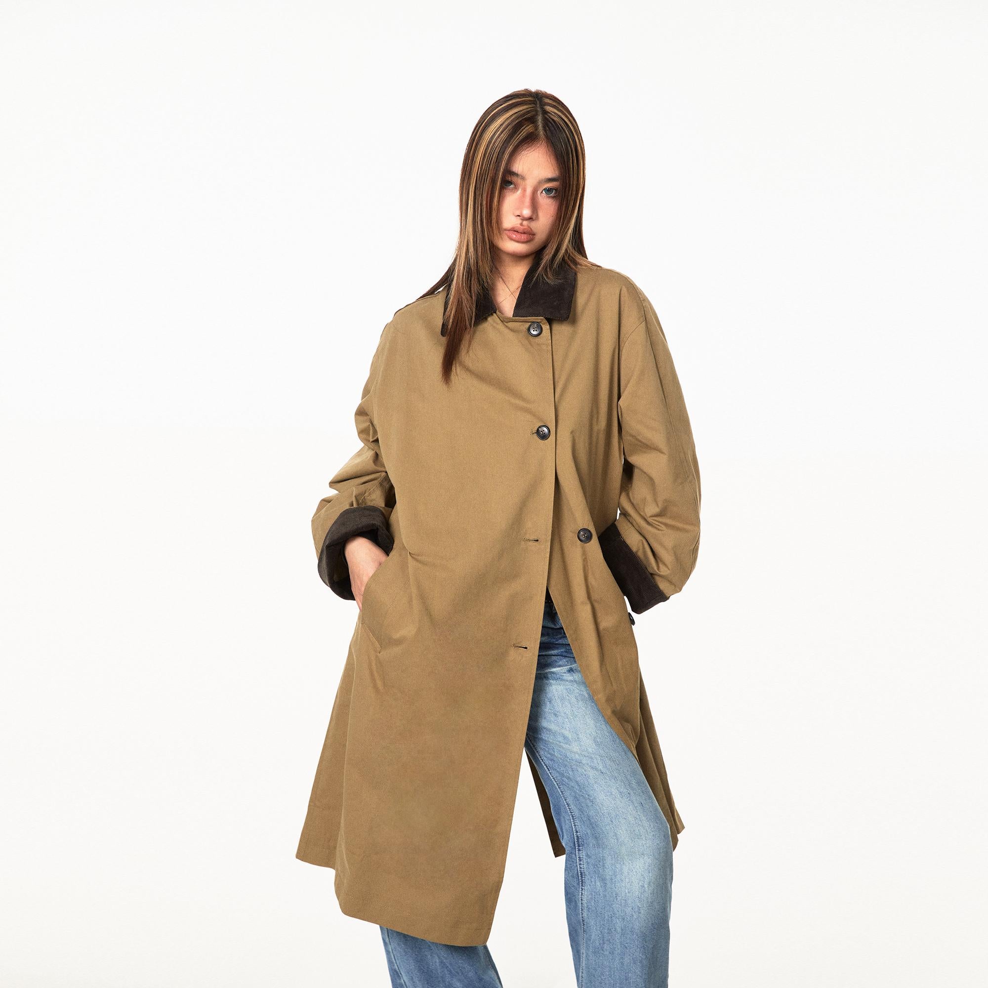 Contrast Corduroy Collar Oversized Single-Breasted Trench Coat with