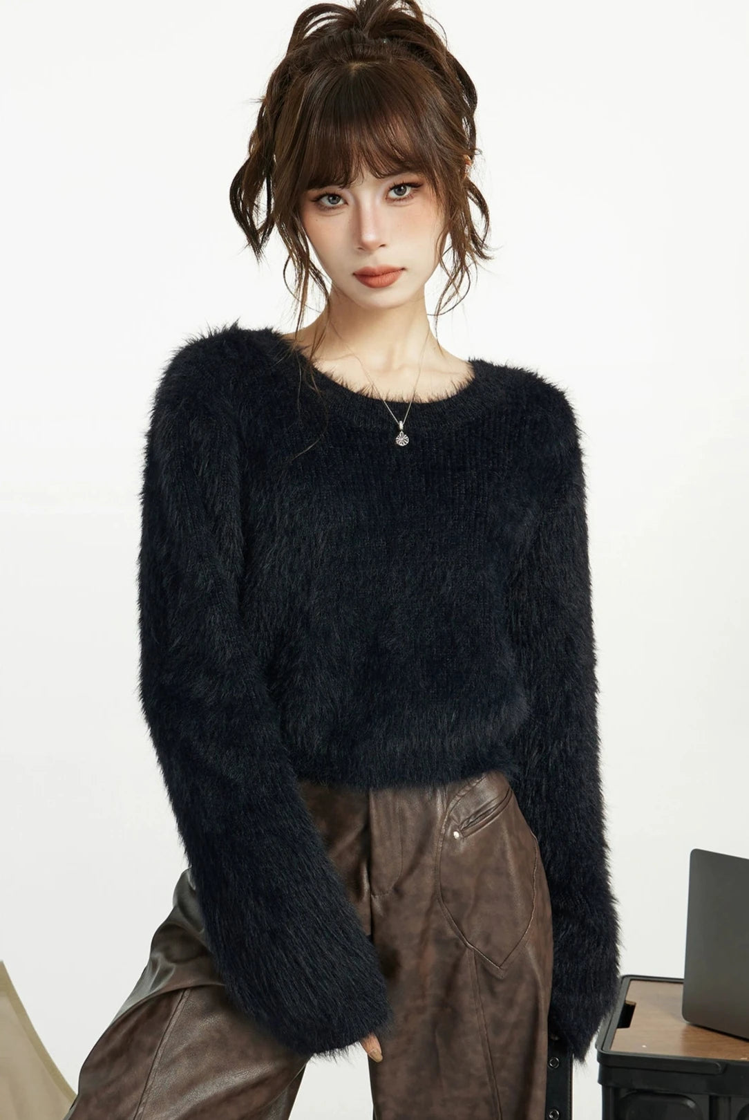 Faux Fur Extra-Cropped Crew-Neck Sweater