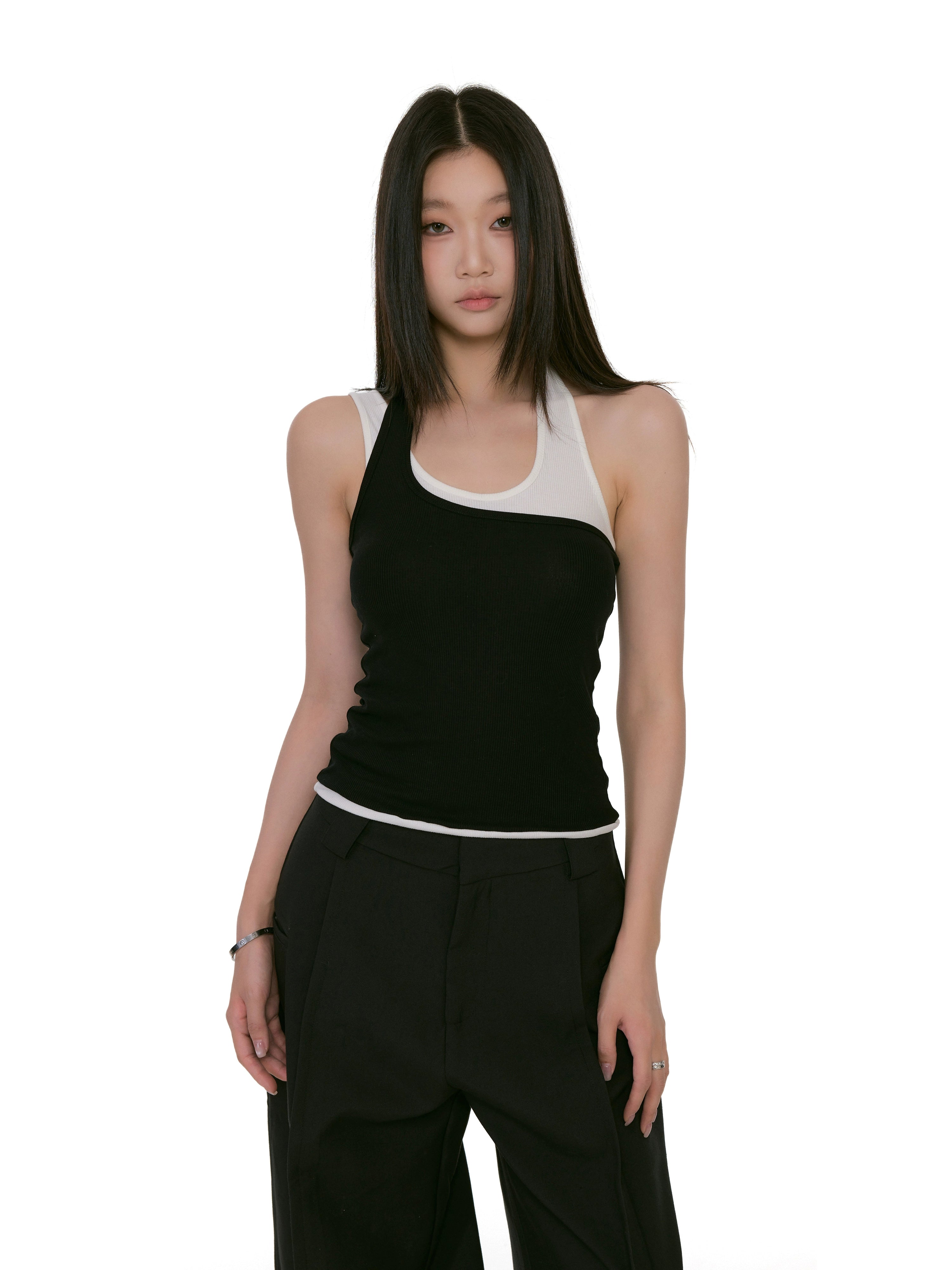 Asymmetric Two-Tone Ribbed Mock Layered Tank Top