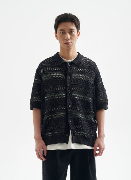 Open Knit Button-Up Shirt with Ribbed Hem