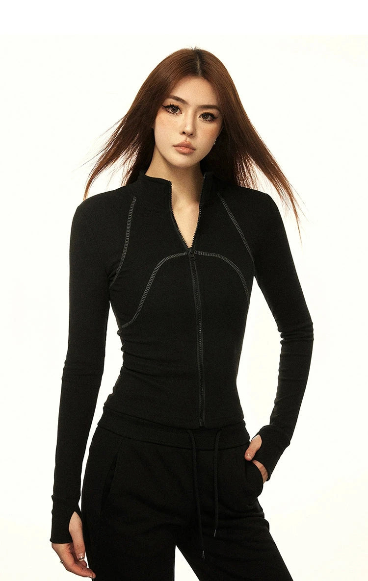 Skinny Mock Collar Contrast Stitch Zip Running Jacket