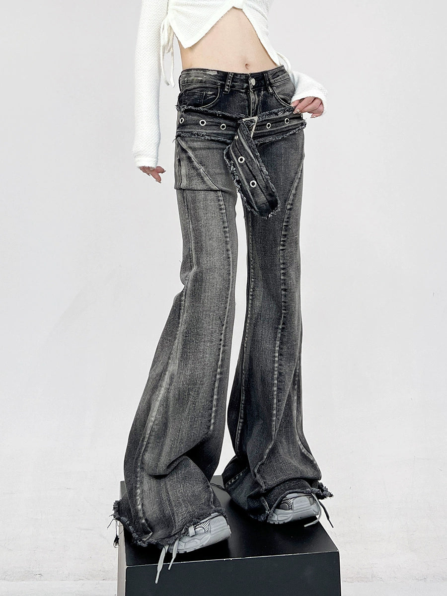 Layered-Effect Denim Flare-Leg Jeans with Grommet Belt Detail