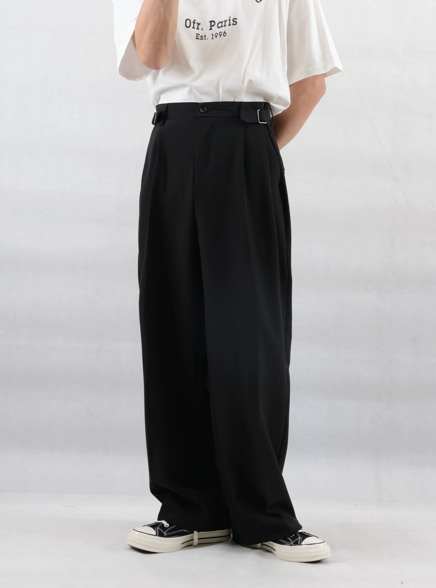 Wide Leg Pleated Trousers with Buckle Detail Wide Leg Pleated Trousers with Buckle Detail
