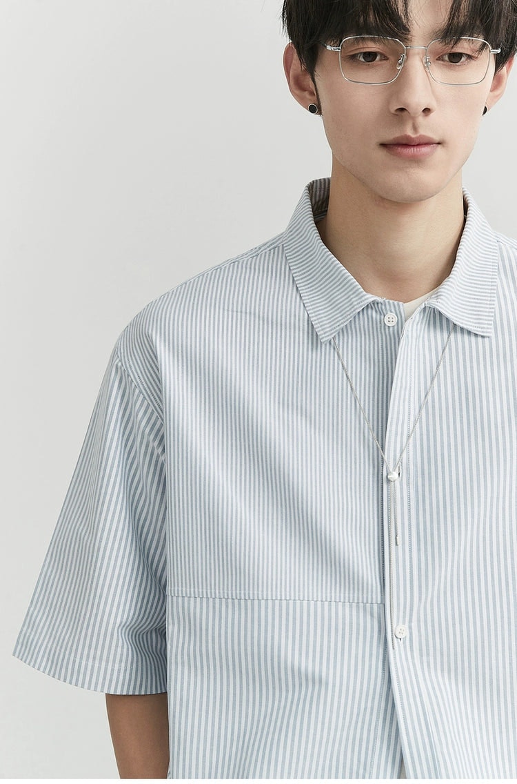 Oversized Narrow Striped Short-Sleeve Button-Up Shirt
