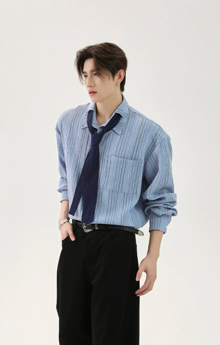 Textured Long Sleeve Button-Up Stripe Shirt with Chest Pocket and Necktie - nightcity clothing