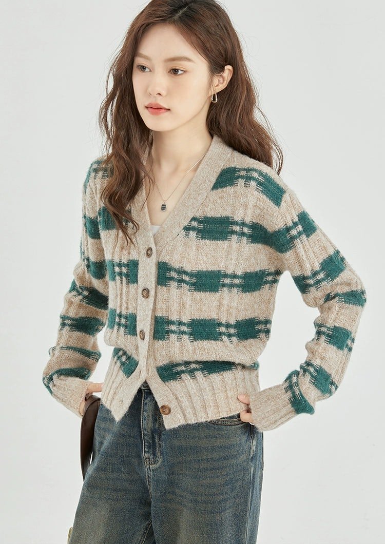 Stripe Crosshatch Ribbed Knit Cardigan