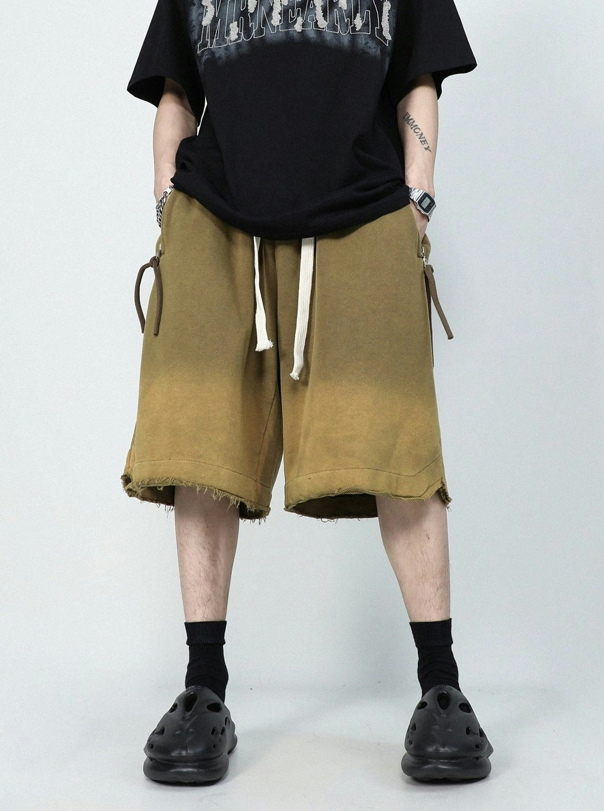 Drawstring Waist Raw Hem Longline Shorts