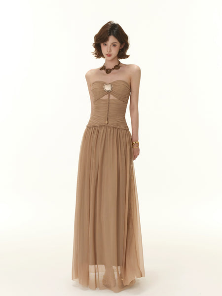 Strapless Ruched Maxi Dress with Sheer Overlay and Brooch