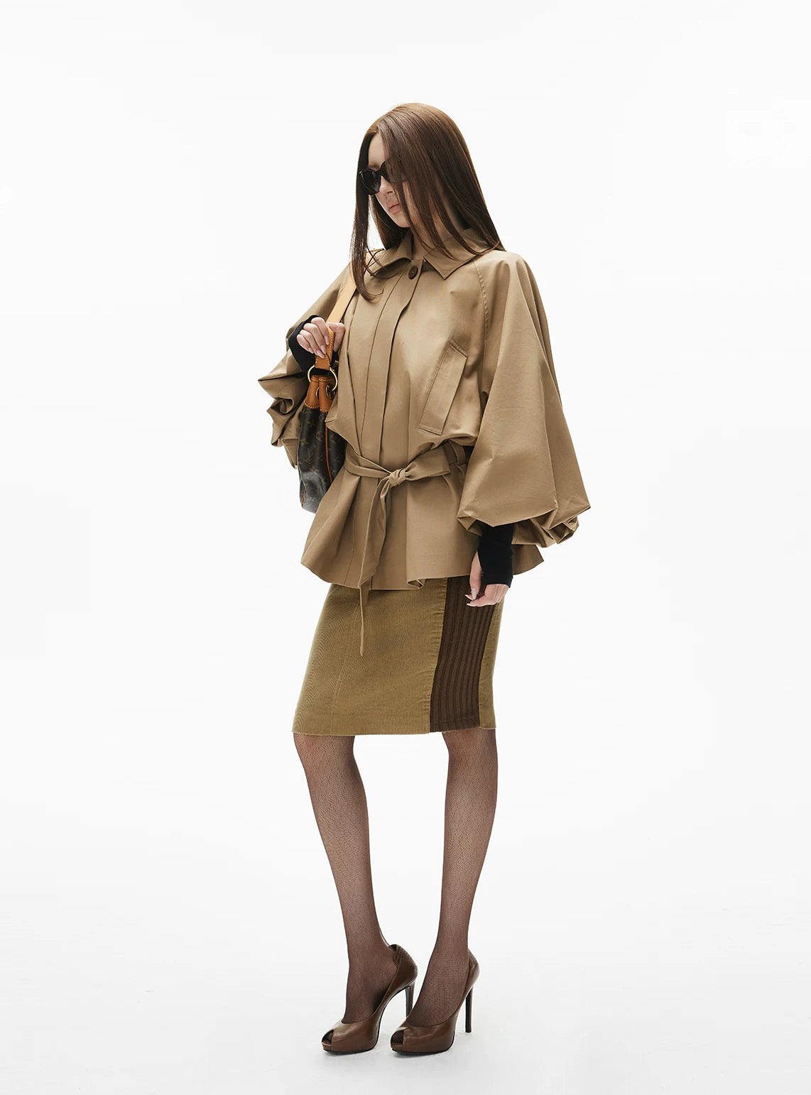 Batwing Sleeve Short Belted Trench Coat - nightcity clothing