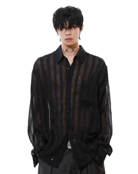 Sheer Striped Button-Up Long Sleeve Shirt with Chest Pocket - nightcity clothing