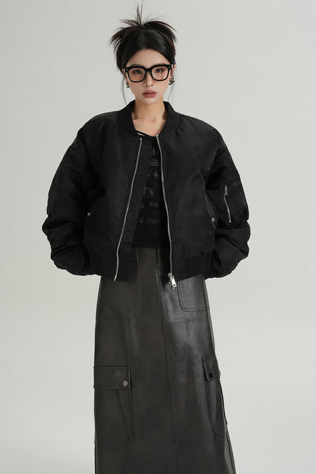 Oversized Mid-Crop Bomber Jacket with Sleeve Zip Pocket