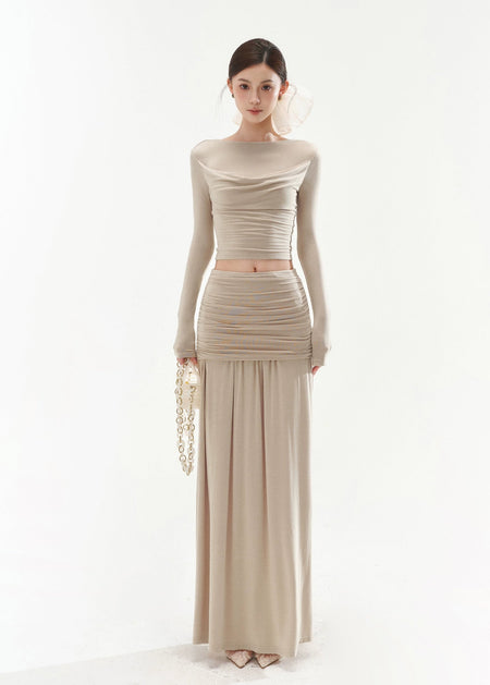 Draped Neck Long Sleeve Top and Ruched Maxi Skirt Two-Piece Set