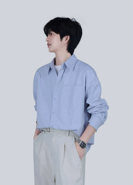 Wide-Striped Button-Down Long Sleeve Shirt - nightcity clothing