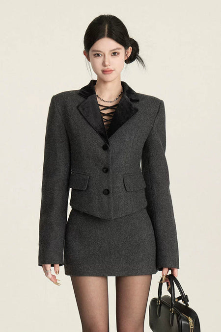 Structured Blazer with Contrast Velvet Lapel and Button Front