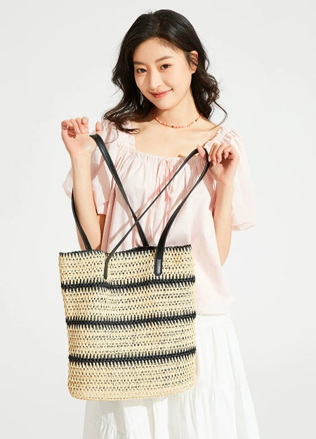 Woven Striped Tote with Leather Handles - nightcity clothing