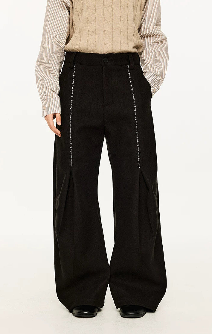 Wide Leg Half-Pleated and Half Contrast Stitch Trousers