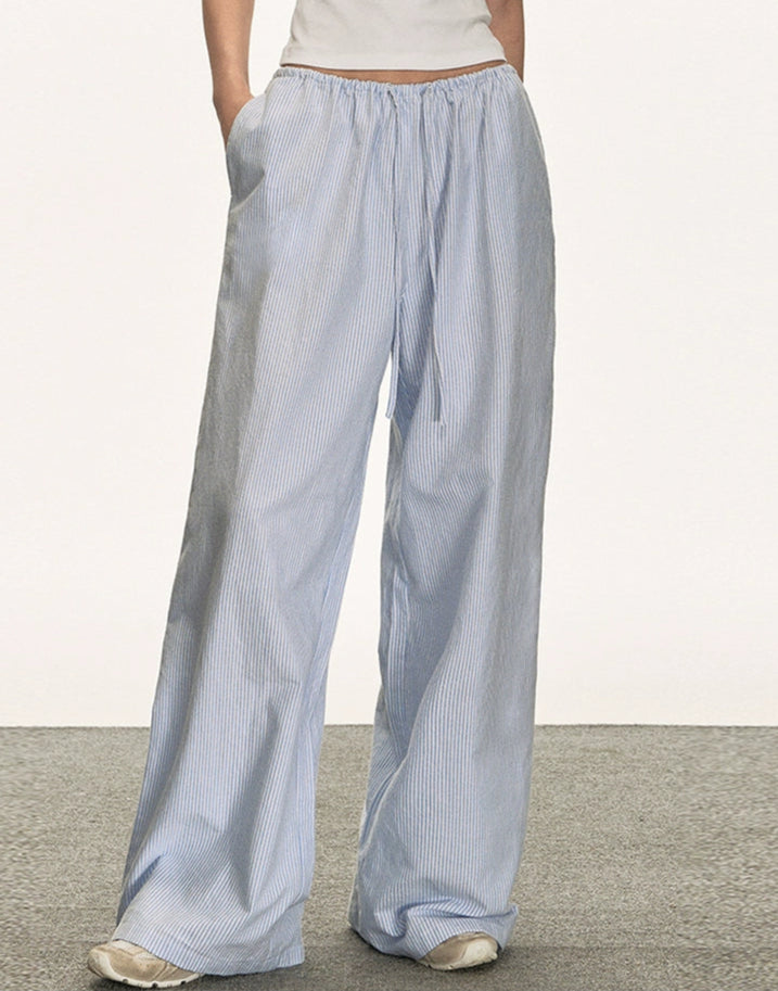 Striped Wide-Leg Elastic Waist Drawstring Pants