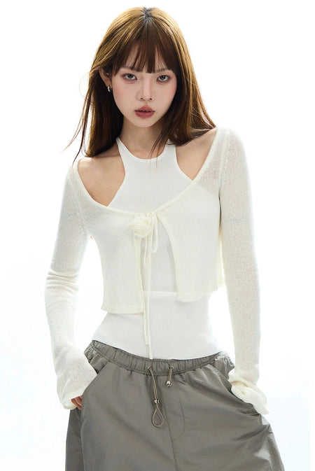 Cropped Knit Layered Sweater with Rose Tie Detail - nightcity clothing