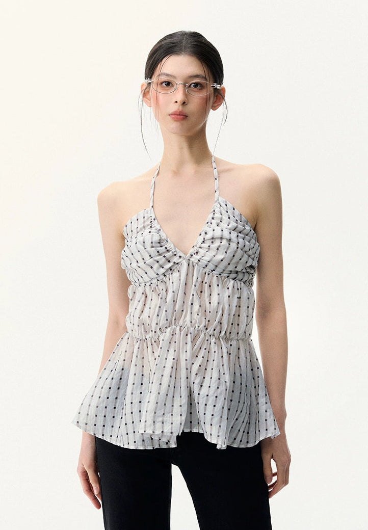 Polka Dot Halter Neck Smocked Peplum Top