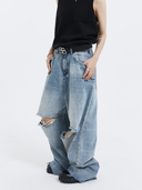 Distressed Ripped Knee Wide-Leg Denim Jeans