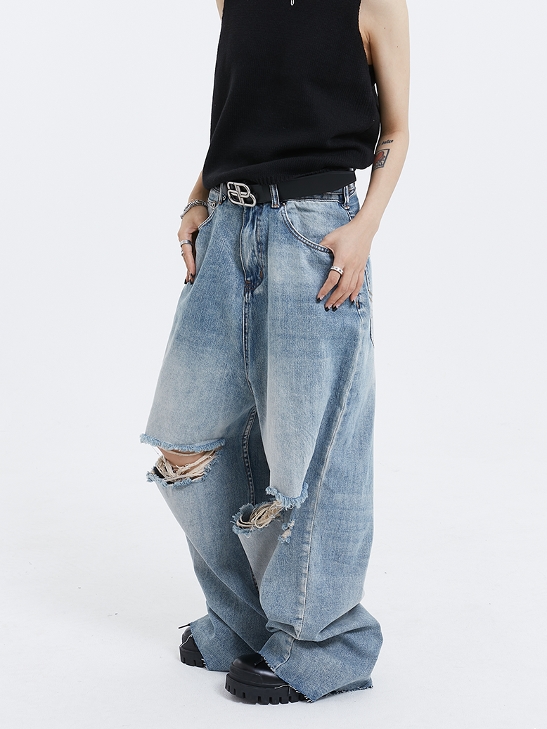 Distressed Ripped Knee Wide-Leg Denim Jeans