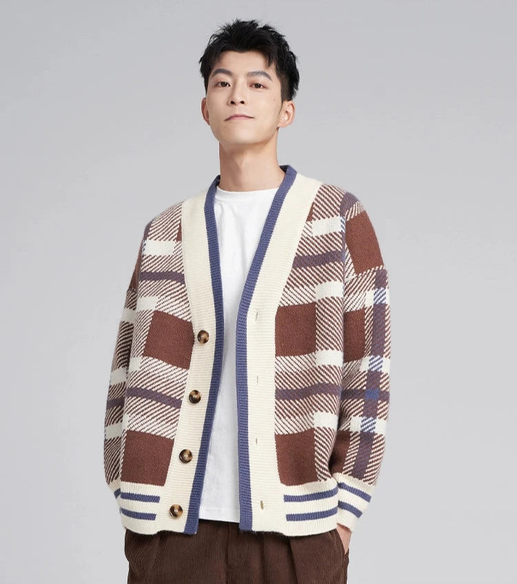 Checkered Drop Shoulder Button Cardigan