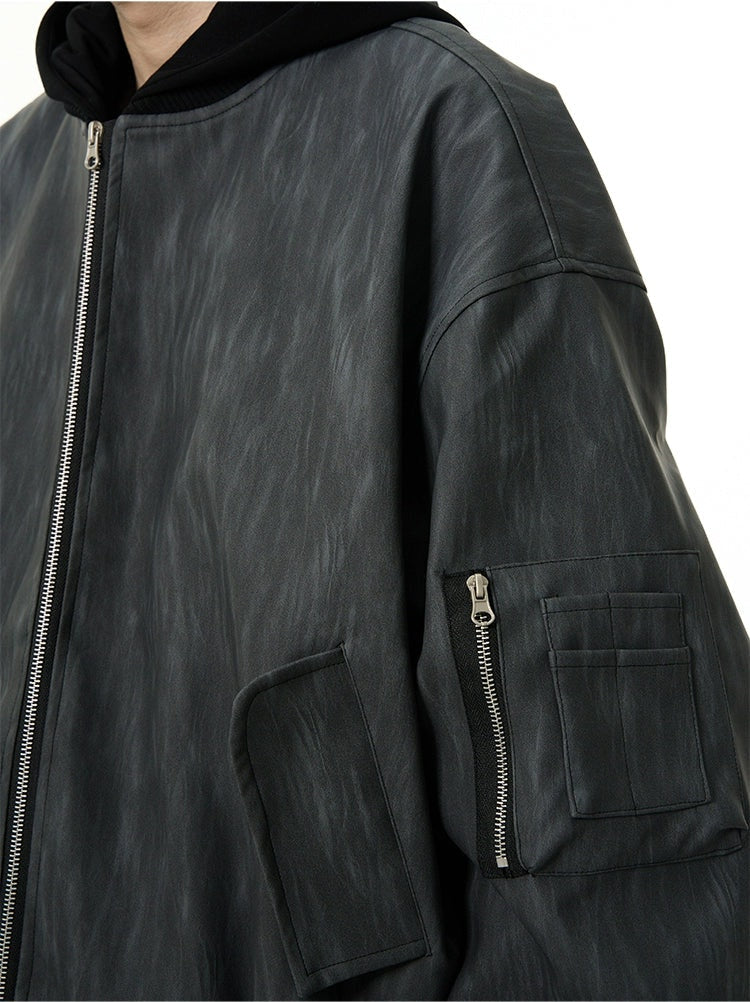 Vintage Washed Leather Bomber Jacket with Hood