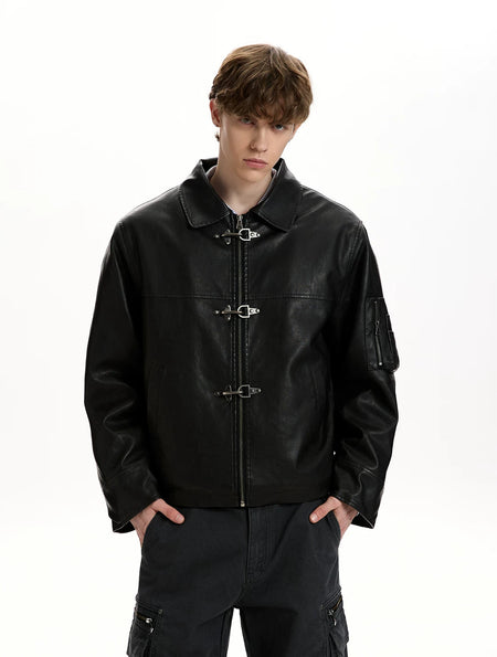 Faux Leather Fireman Buckle Zip Jacket with Sleeve Pocket