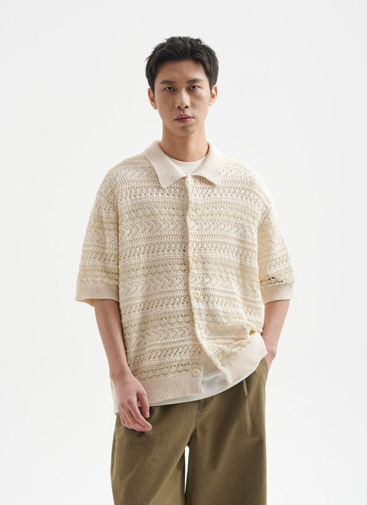 Open Knit Button-Up Shirt with Ribbed Hem