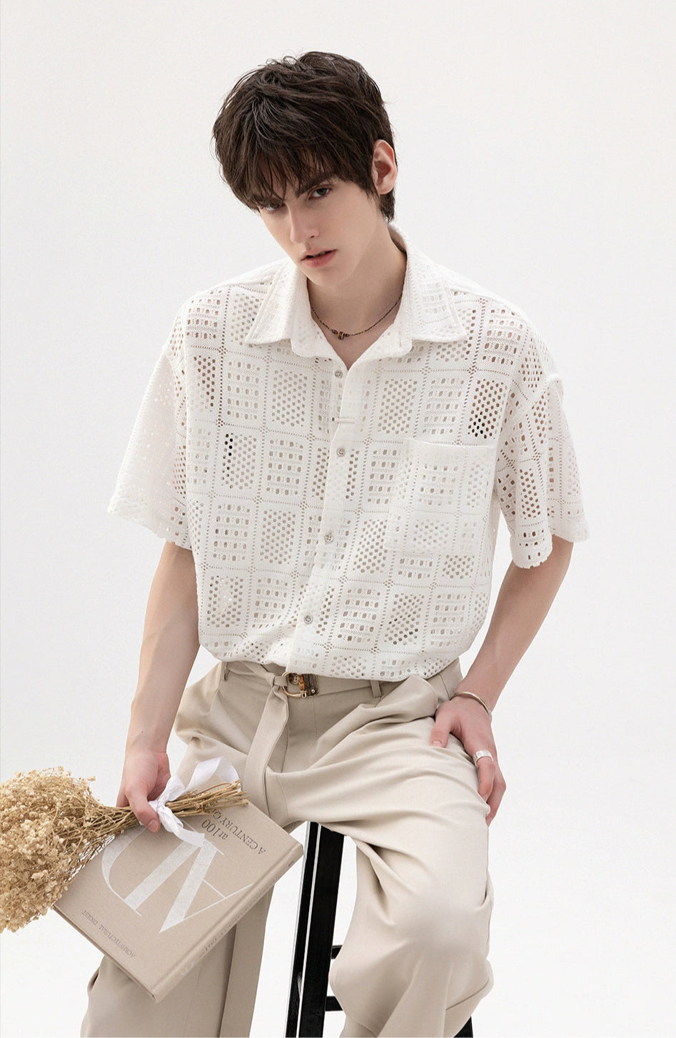 Open Knit Drop Shoulder Short Sleeve Button Shirt