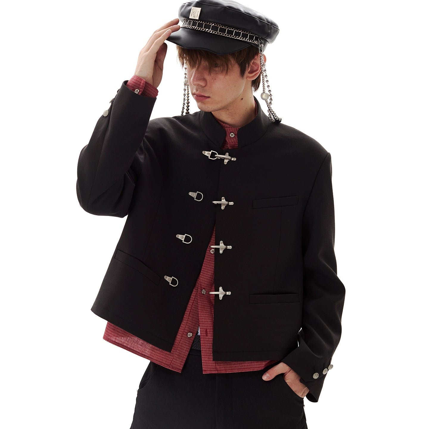Fireman Clasp Mandarin Collar Cropped Suit Jacket