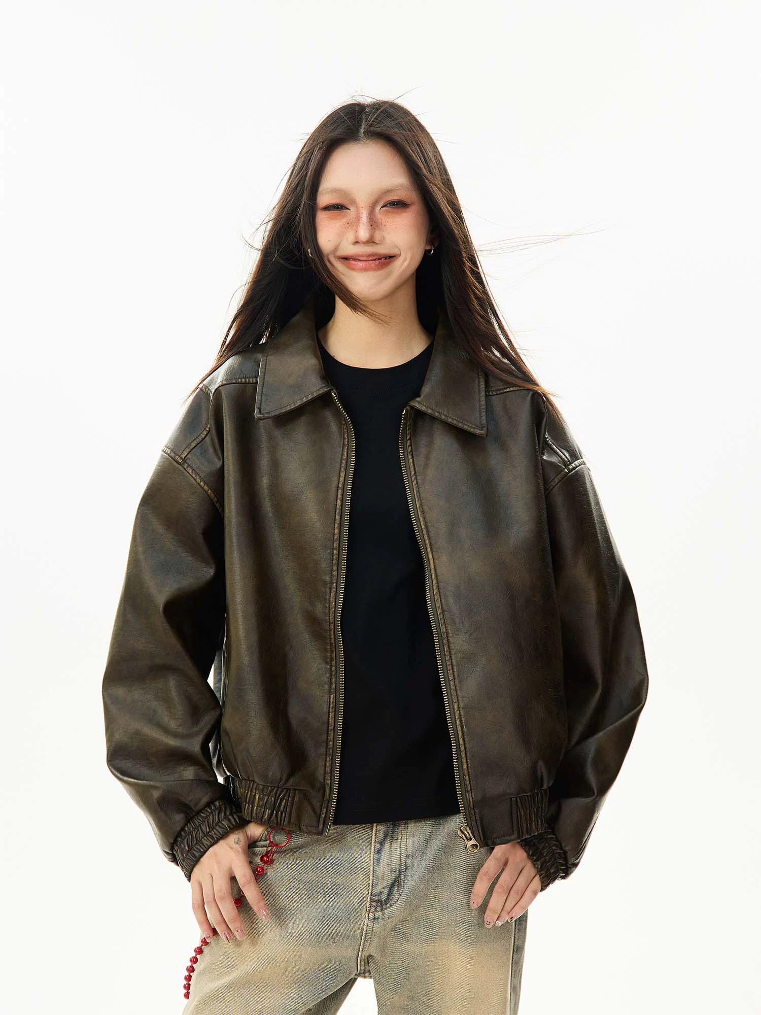 Faux Leather Bomber Jacket with Elastic Cuffs and Hem