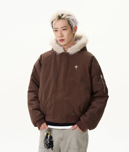 Pinstripe Bomber Jacket with Faux Fur Collar - nightcity clothing